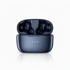 Black wireless earbuds in a charging case on a white background