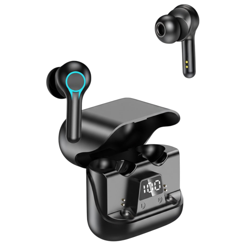 Black wireless earbuds with charging case on a white background