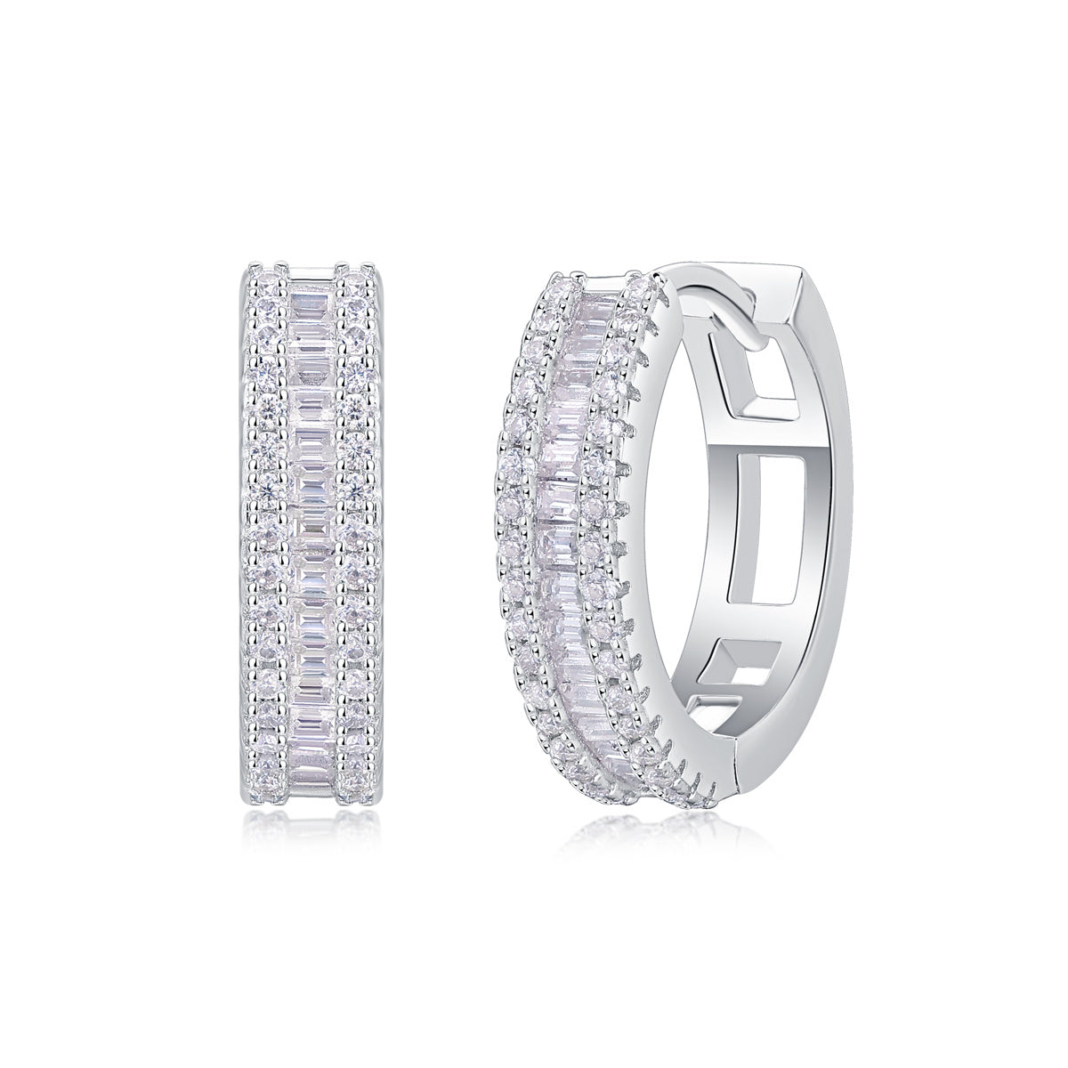 A pair of silver diamond earrings with a woven pattern and inlaid with small round diamonds.
