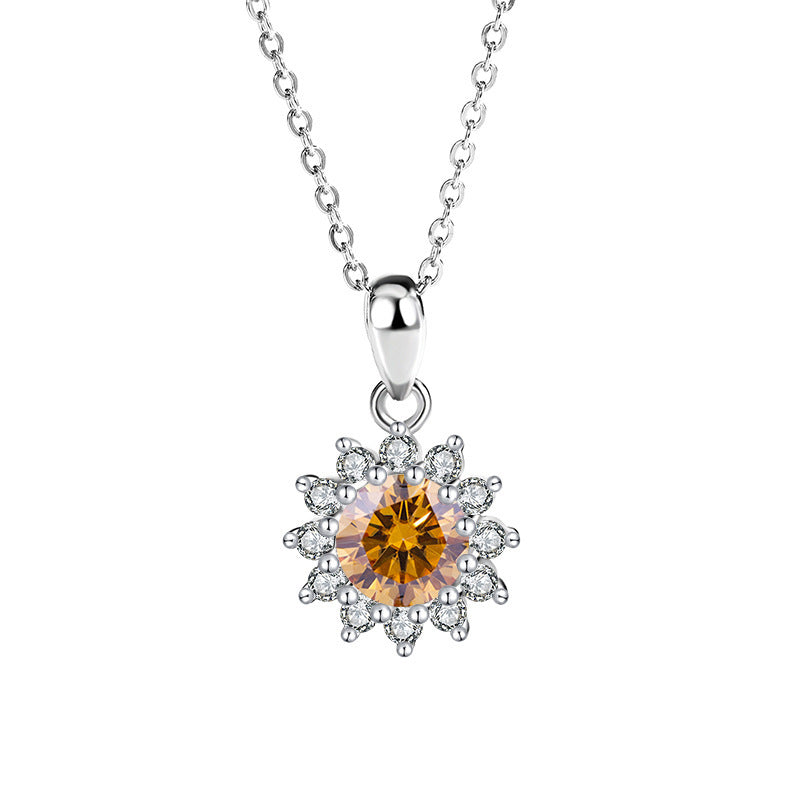 Luxe damesketting met hanger van 925 sterlingzilver, ingelegd met moissaniet en diamant en zonnebloemkleurige zirkonia.