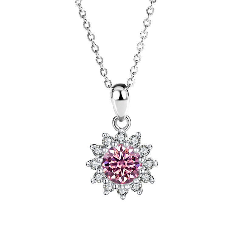 Luxe damesketting met hanger van 925 sterlingzilver, ingelegd met moissaniet en diamant en zonnebloemkleurige zirkonia.