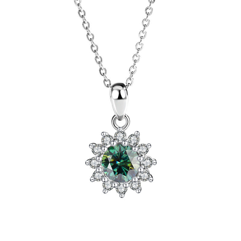 Luxe damesketting met hanger van 925 sterlingzilver, ingelegd met moissaniet en diamant en zonnebloemkleurige zirkonia.