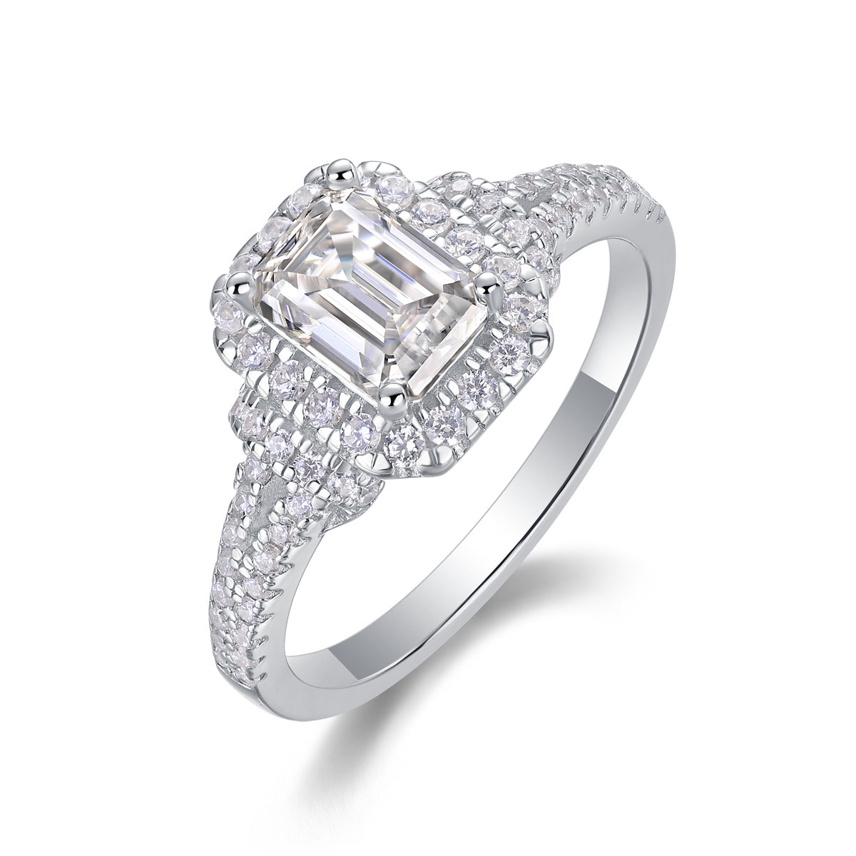 A silver ring featuring a square-cut moissanite diamond with smaller halo stones.