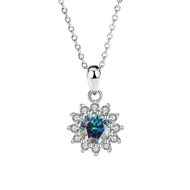 Luxe damesketting met hanger van 925 sterlingzilver, ingelegd met moissaniet en diamant en zonnebloemkleurige zirkonia.