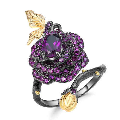 Fashion Women's Ring Vintage Style S925 Silver Gemstone Ring Secret Garden Rose Design with Natural Colorful Stones