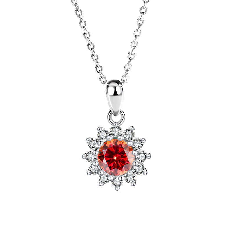 Luxe damesketting met hanger van 925 sterlingzilver, ingelegd met moissaniet en diamant en zonnebloemkleurige zirkonia.