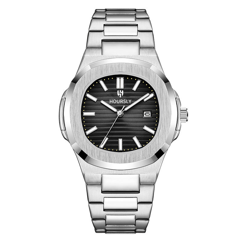HOURSLY HY1371 Fashion China Man Quartz Watch Exclusive Steel Strap Water Resist Luminous Calendar Casual Men's Watch