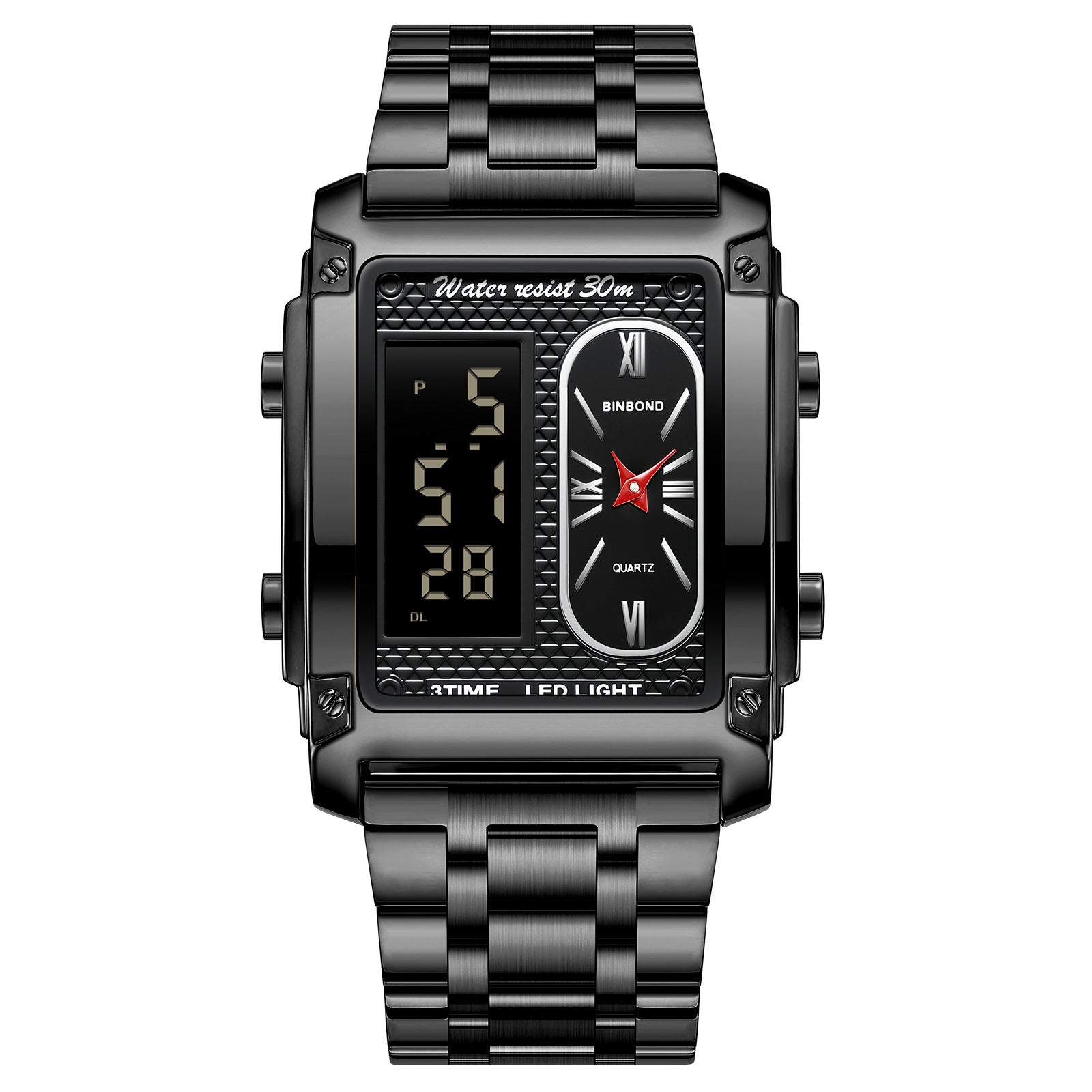 Binbond Men's Steel Belt Electronic Watch Double Inserts Multi-Functional Waterproof Quartz Movement Watch - Acquisti Online