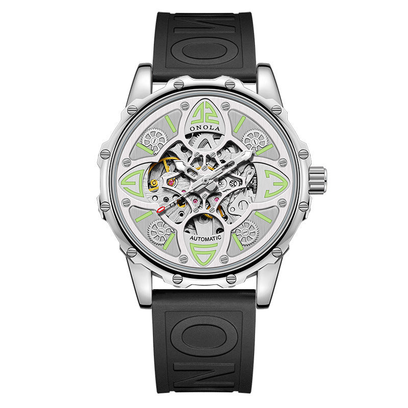 ONOLA Men Automatic Mechanical Watch Lucky Grass Luxury Hollow Out Dial Waterproof Silicone Band Mechanical Watch