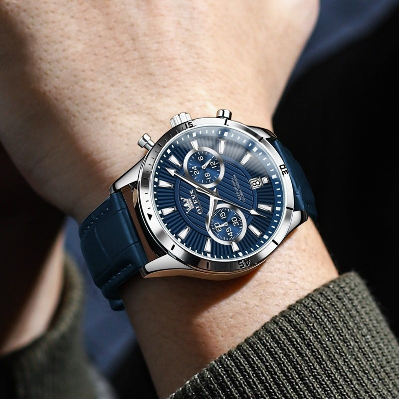 Orologio da uomo OLVES con cinturino in pelle di lusso, orologio al quarzo impermeabile con calendario luminoso da uomo