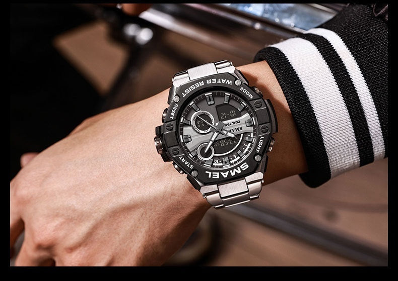 SMAEL Stainless Steel Band Quartz Electronic Watch Alarm Clocks Fashion Sports Watches Dual Time Display Watch