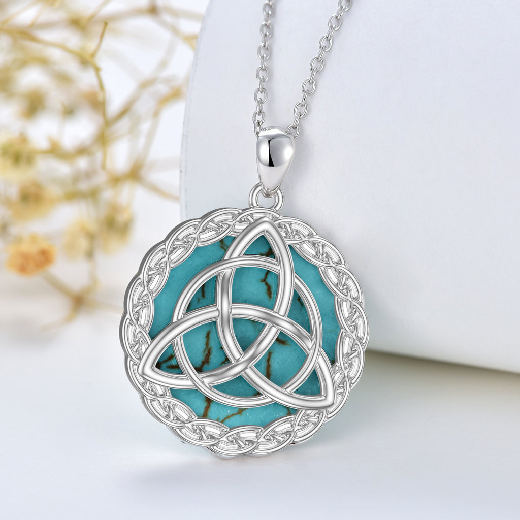 Celtic Necklace 925 Sterling Silver with Genuine Turquoise Trinity Knot Pendant Good Luck Irish Jewelry