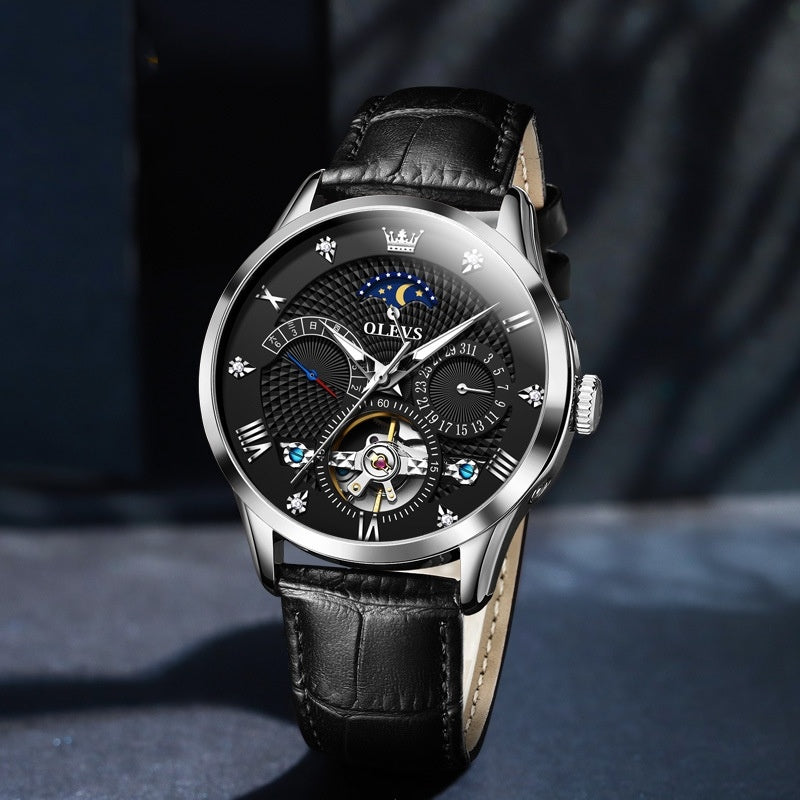 OLEVS Men's Watch Luxury Mechanical Wristwatch Men Leather Strap Waterproof Luminous Double Calendar Hollow Flywheel Automatic Mechanical Watch