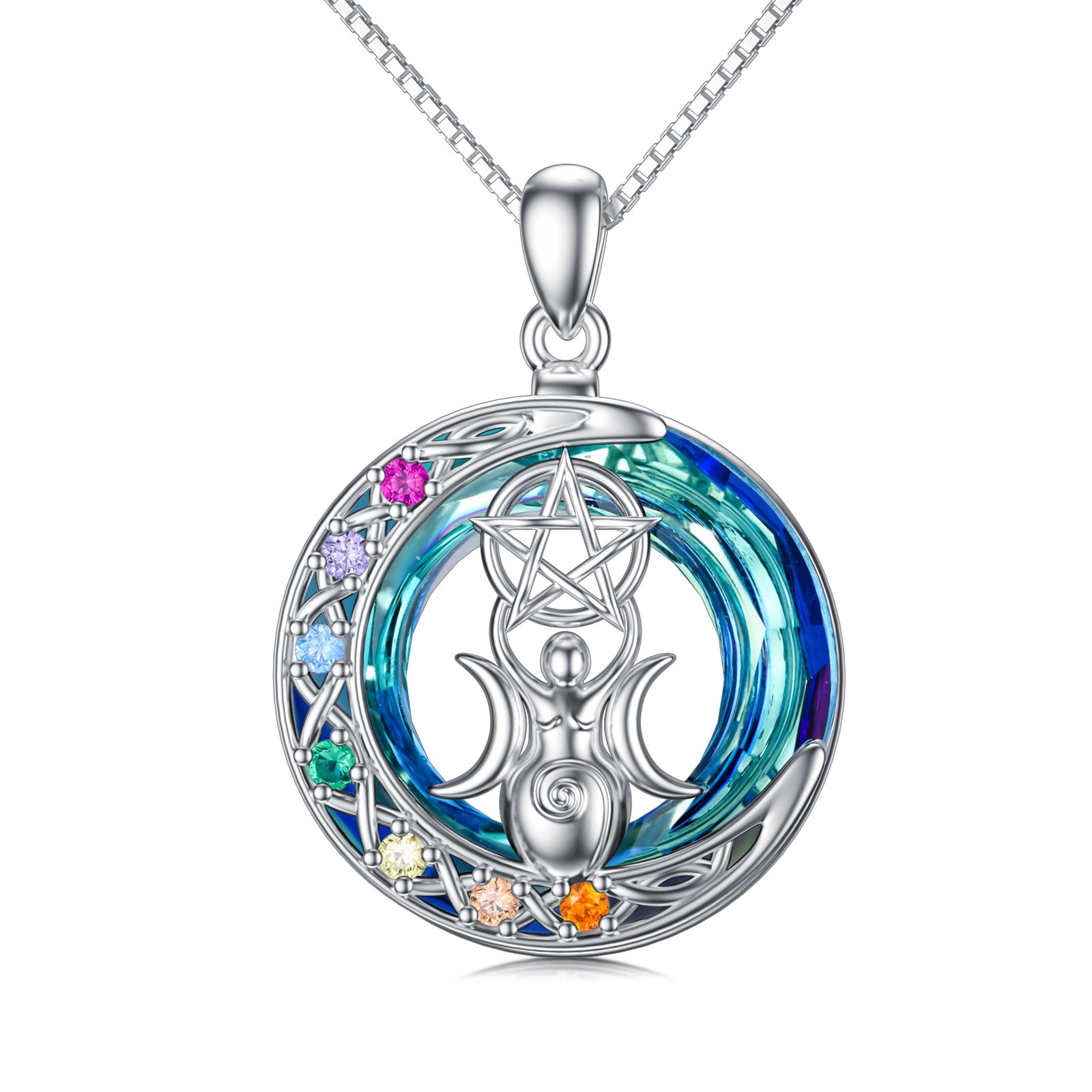 Chakra Drievoudige Maangodin Kristallen Ketting in Witgoud Verguld Sterling Zilver