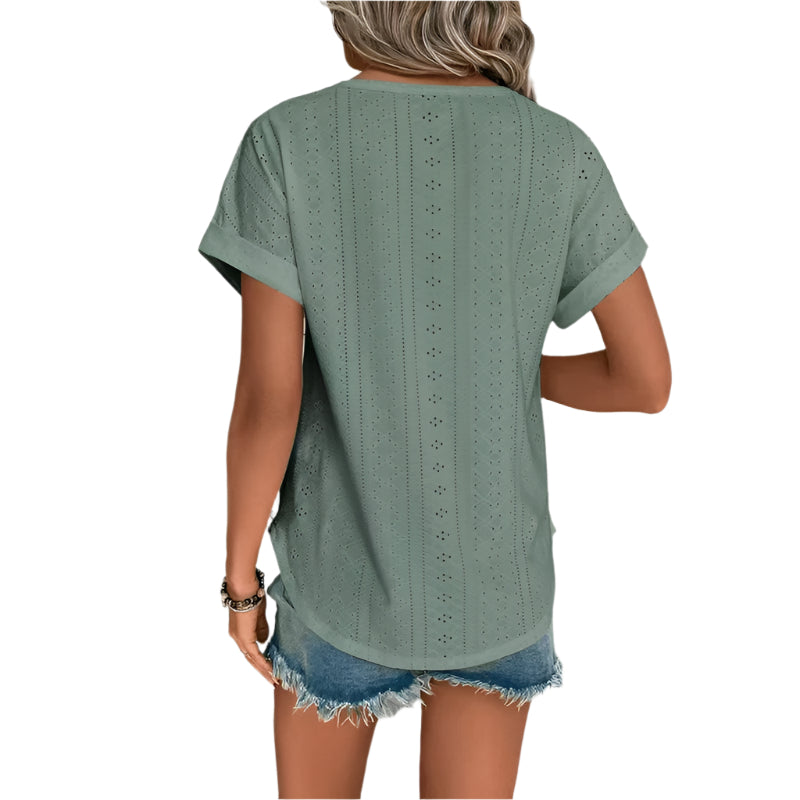 Damestops met borduurwerk, casual ronde hals en korte mouwen, trendy T-shirts