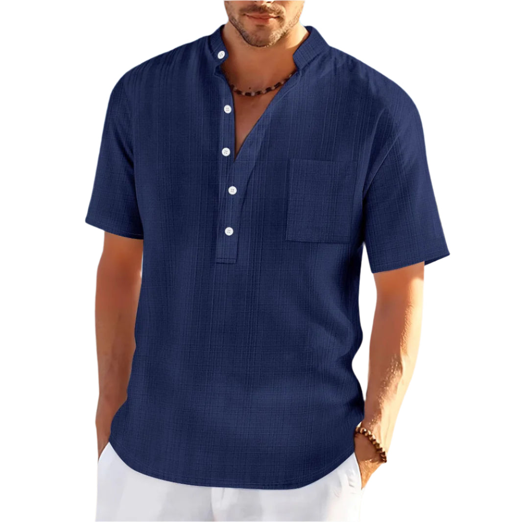 Stand Collar Short Sleeve Loose Leisure Vacation Henley Shirt - Acquisti Online