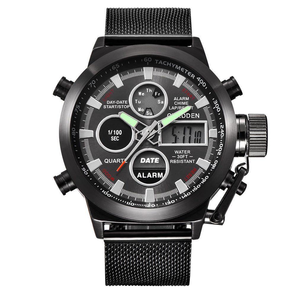 Herenhorloge met leren riem en LED-elektronische sporthorloge