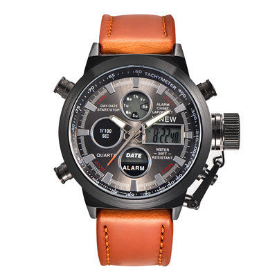Herenhorloge met leren riem en LED-elektronische sporthorloge