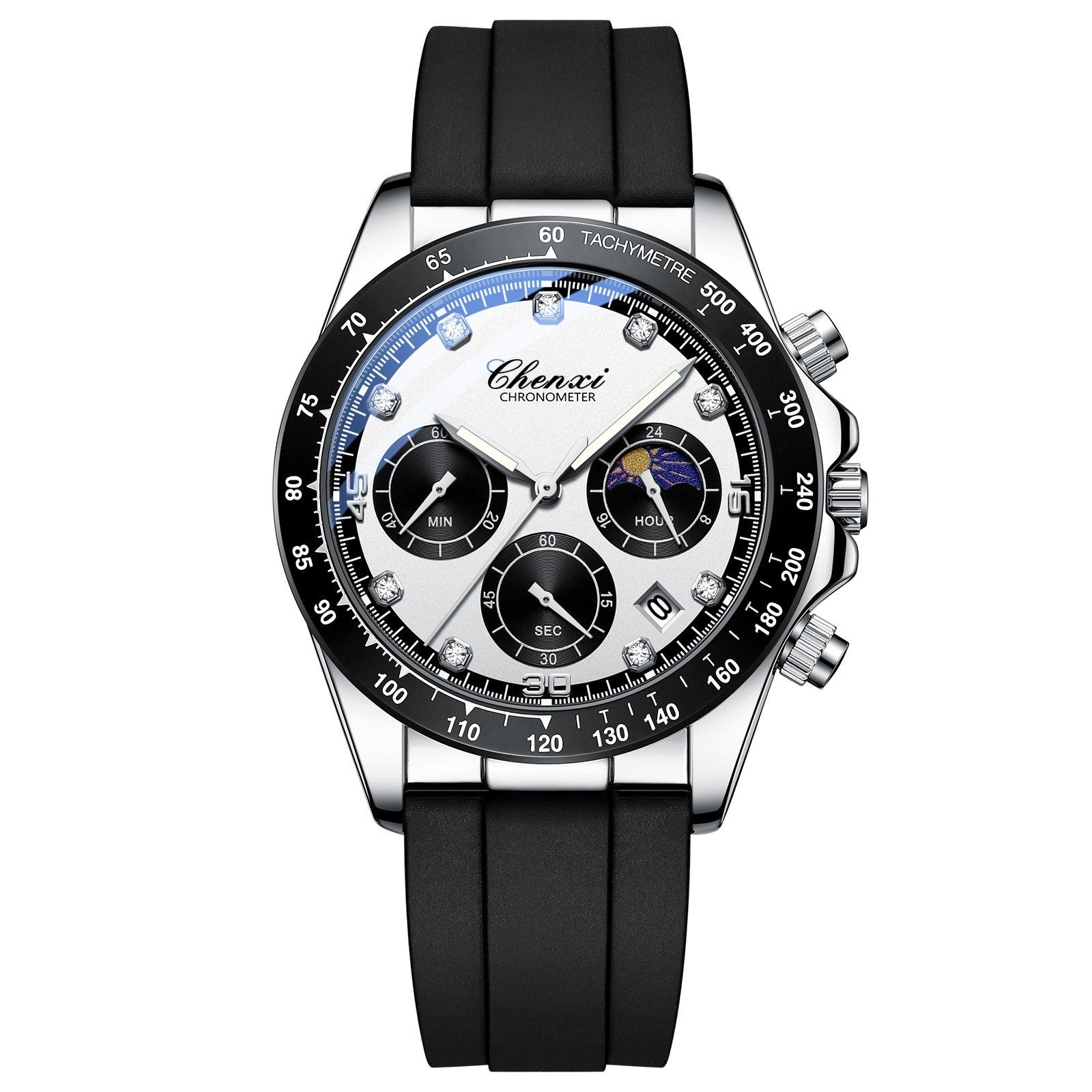 Men's Quartz Watch Moon Calendar Business Phase Diamond Quartz Moon Icon Design Watch for Men Multi-functional Silicone Band Watch