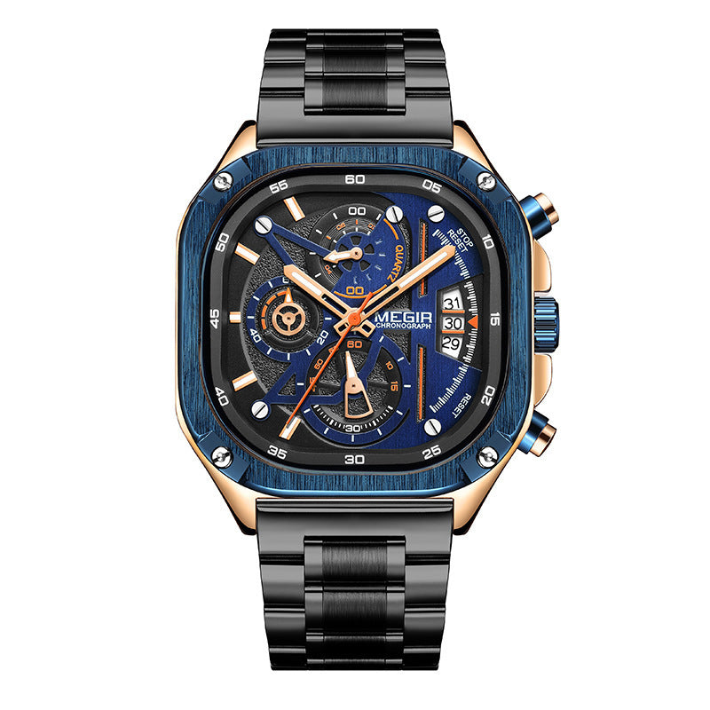 MEGIR Men's Quartz Watch Waterproof Square Dial Chronograph Stainless Steel Band Luminous  Quartz Warch