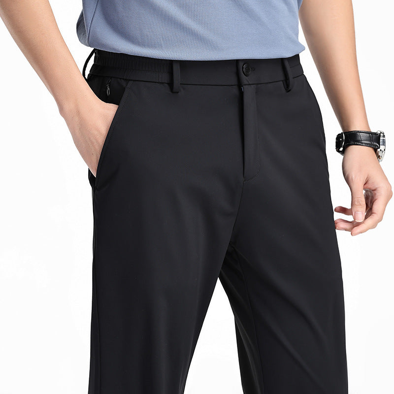 Men's Fashionable Casual Formal Pants Ice Silk Elastic Solid Color Zip Placket Mid Waist Leisure Men's Casual Pants - Acquisti Online