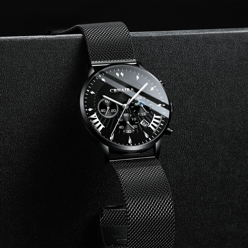 Men's Crnaira Men Watch Stainless Steel Quartz Watches Calendar Luminous Fashion Imitation Three-eye Waterproof Quartz Watch