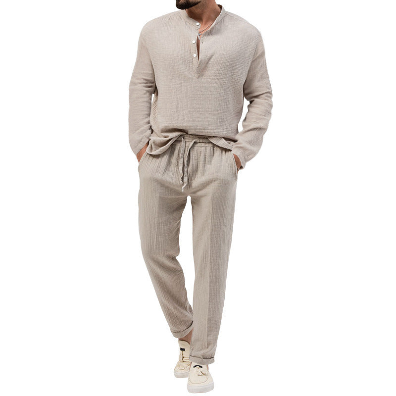 Men's Fashionable Casual Shirt Solid Color Polyester Fiber Casual Leisure T-shirt Long Sleeve Shirt Trousers Suit Men's Set - Acquisti Online