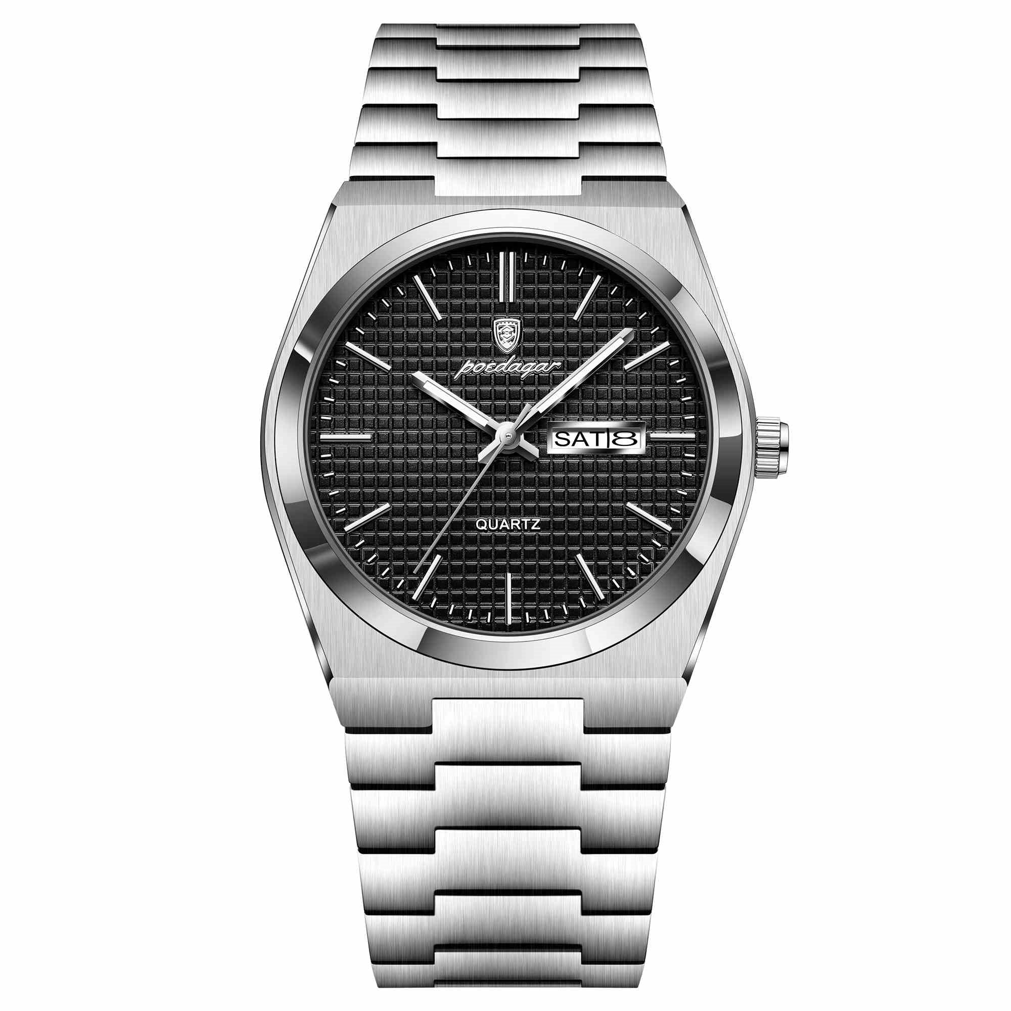 POEDAGAR Luxury Men's Sports Watch Luminous Waterproof Military Watch with Date and Week Stainless Steel Quartz Men's Watch Male Clock
