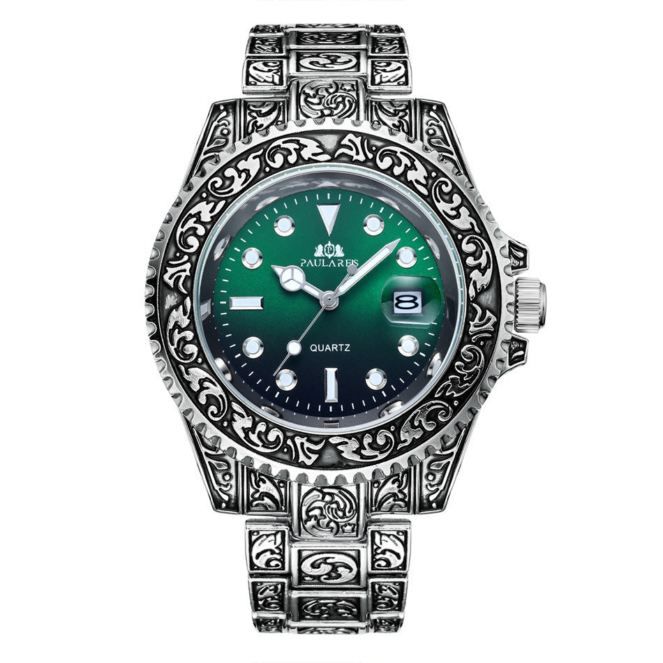 Orologio da uomo luminoso con calendario fantasma intagliato al quarzo e movimento ad acqua