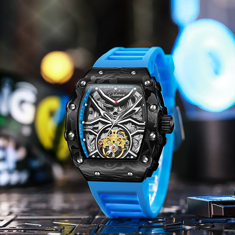 Dulunwe Fashion Skeleton Flywheel Sports Watches For Men Automatic Mechanical Watch Luxury Luminous WristWatch