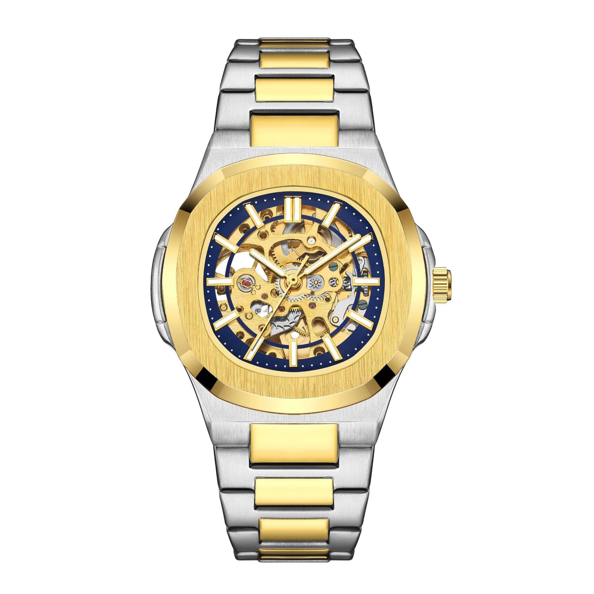 Orologio meccanico automatico scheletrato Steampunk Hollow da uomo, con nastro blu, completamente in acciaio, impermeabile, orologio da polso maschile