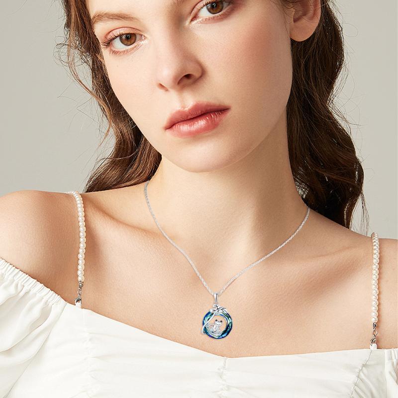 925 Sterling Silver Frog Lotus Leaf Necklace with Circle Crystal Pendant Cute Animal Jewelry