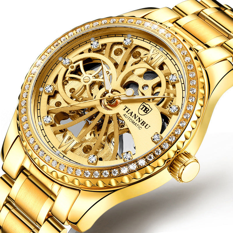 Orologio meccanico automatico da uomo alla moda TIANNBU con diamanti, in acciaio inossidabile, impermeabile