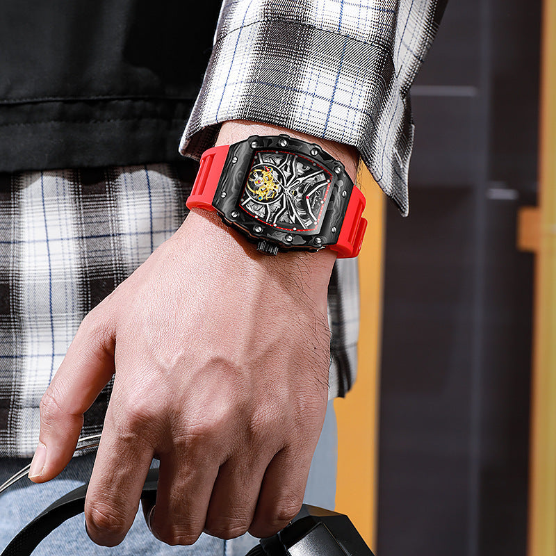 Dulunwe Fashion Skeleton Flywheel Sports Watches For Men Automatic Mechanical Watch Luxury Luminous WristWatch