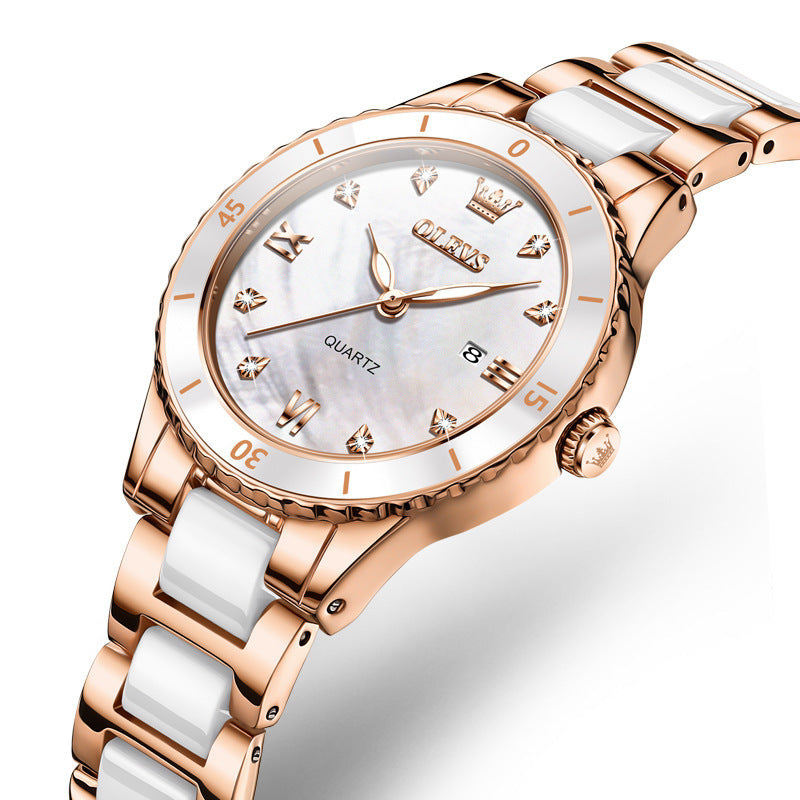 OLEVS 9985 Women Luxury Watch Rhinstone Crafted Elegant Lady Quartz Wristwatch Ceramic Band Waterproof Women Watch