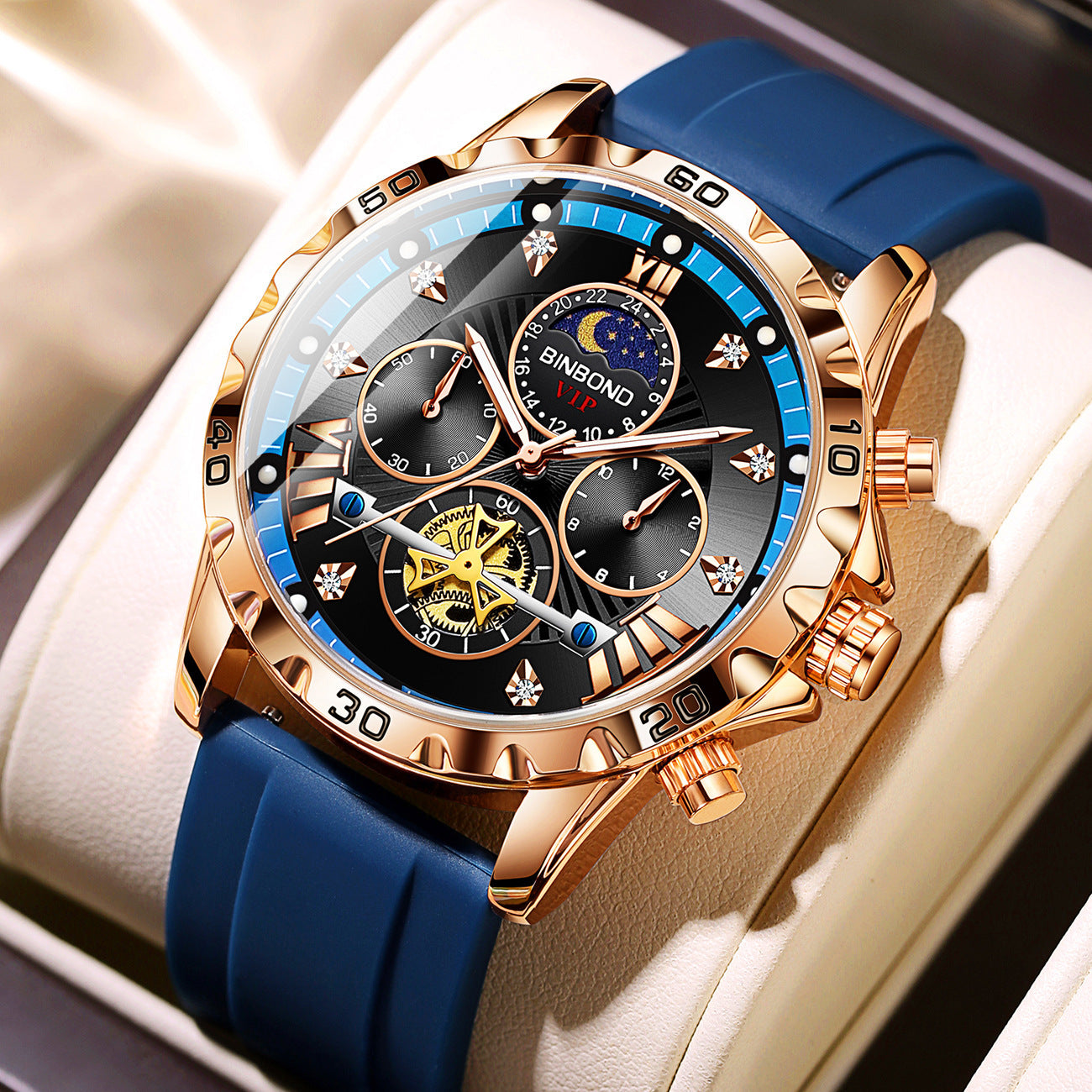 Binbond Brand Men Diamond Dial Watch Sports Men Soft Silicone Belt Quartz Movement Wristwatch Stainless Case Watches - Acquisti Online