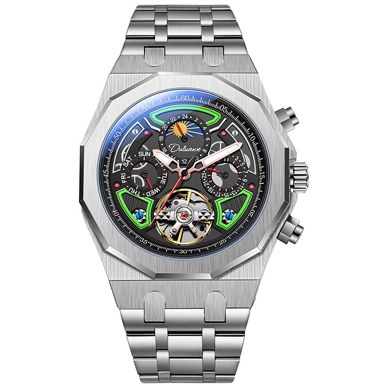 Orologio da polso meccanico automatico con fasi lunari, cinturino in gomma, impermeabile, di lusso, da uomo, con tourbillon.
