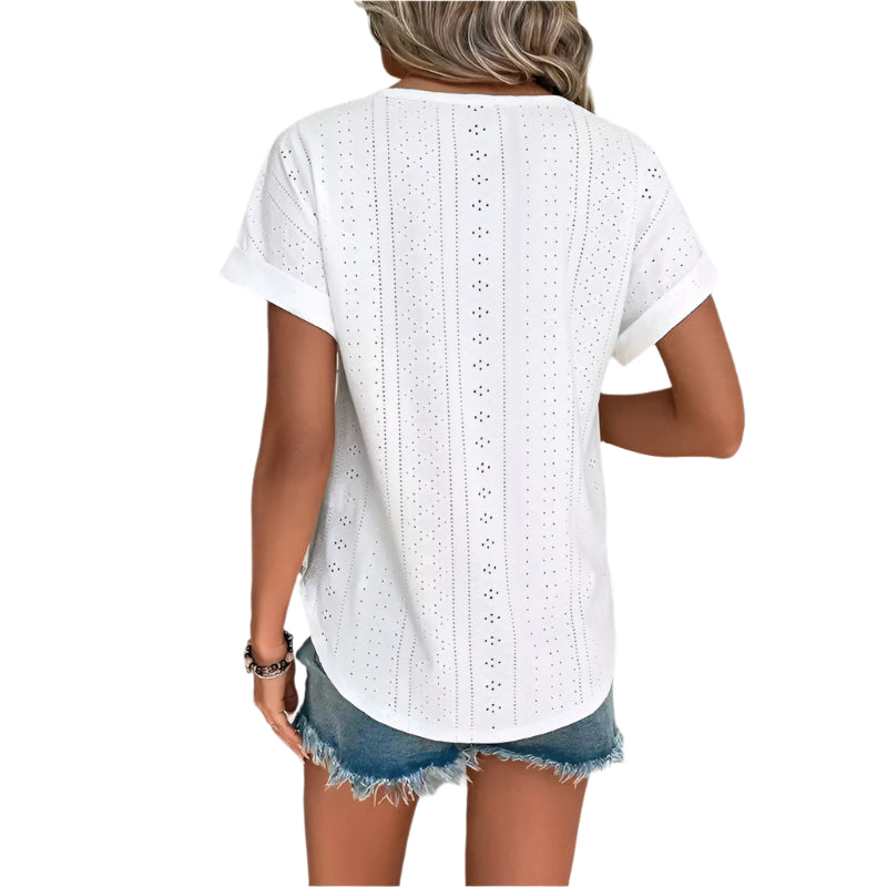 Damestops met borduurwerk, casual ronde hals en korte mouwen, trendy T-shirts