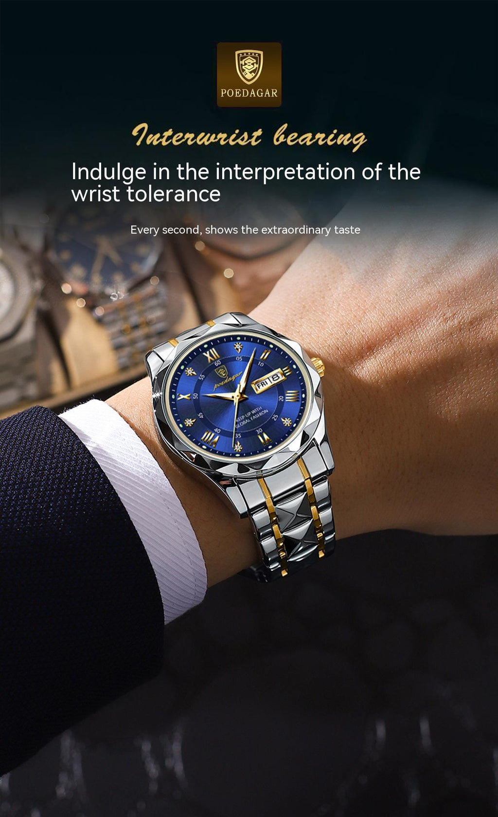Orologio Poedagar da uomo, alla moda, casual-elegante, impermeabile, doppio datario, movimento automatico al quarzo luminoso