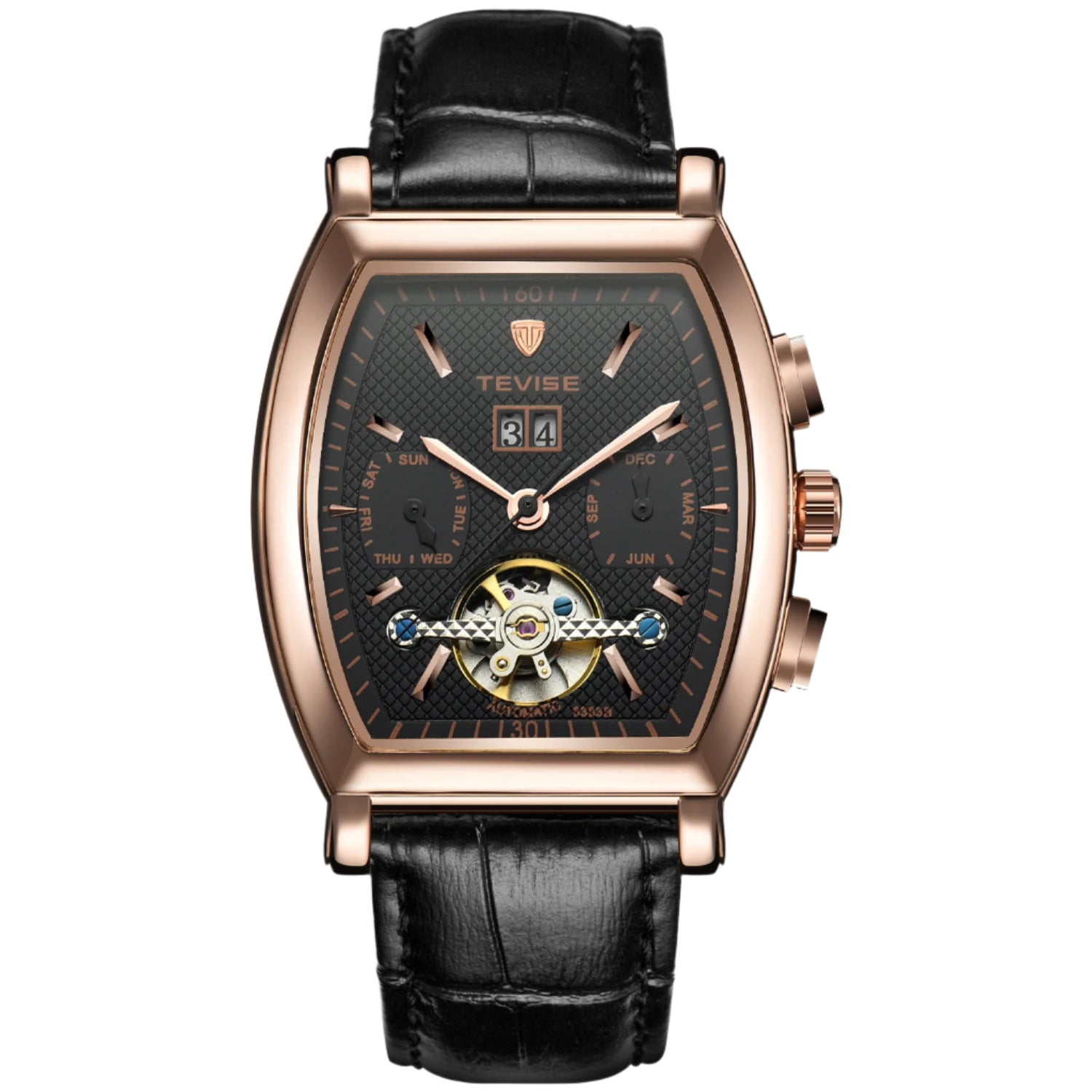 Tevise Man Automatic Movement Mechanical Watch Waterproof Leather Band Multifunctional Wine Barrel Men's Watch