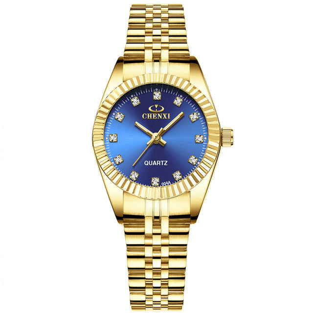 Chenxi merk luxe dameshorloge goudblauw kwarts pols roestvrij staal strass handgemaakte casual waterdichte dameshorloges