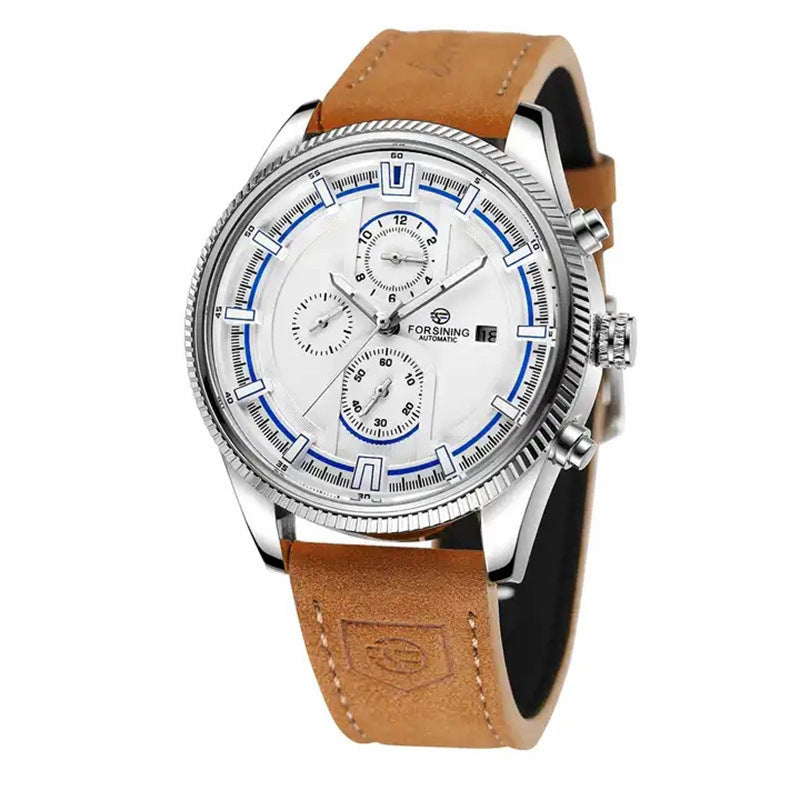 Orologio da polso casual da uomo FORSINING con tourbillon automatico, impermeabile e calendario, cinturino in pelle marrone