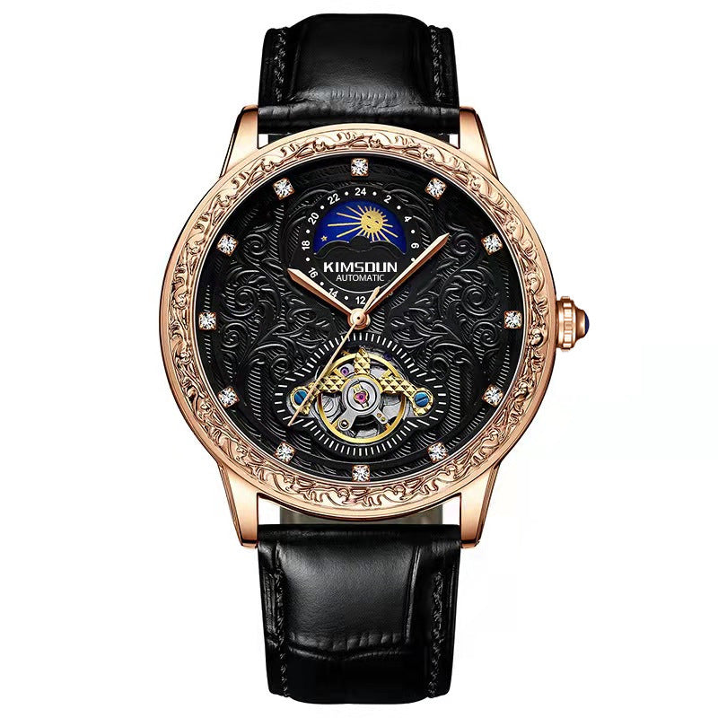 Kimsdun Brand New Men's Watch Carved Moon Phase Quartz Watch High Quality Large Dial Leather Strap Man Wristwatch Tourbillon Mechanical Watch - Acquisti Online