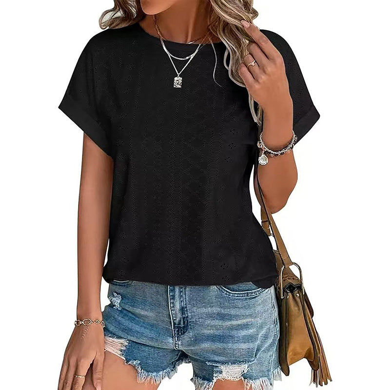 Damestops met borduurwerk, casual ronde hals en korte mouwen, trendy T-shirts