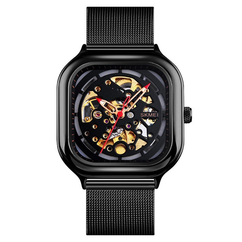 Orologio meccanico automatico impermeabile da uomo con cinturino in maglia quadrata cava