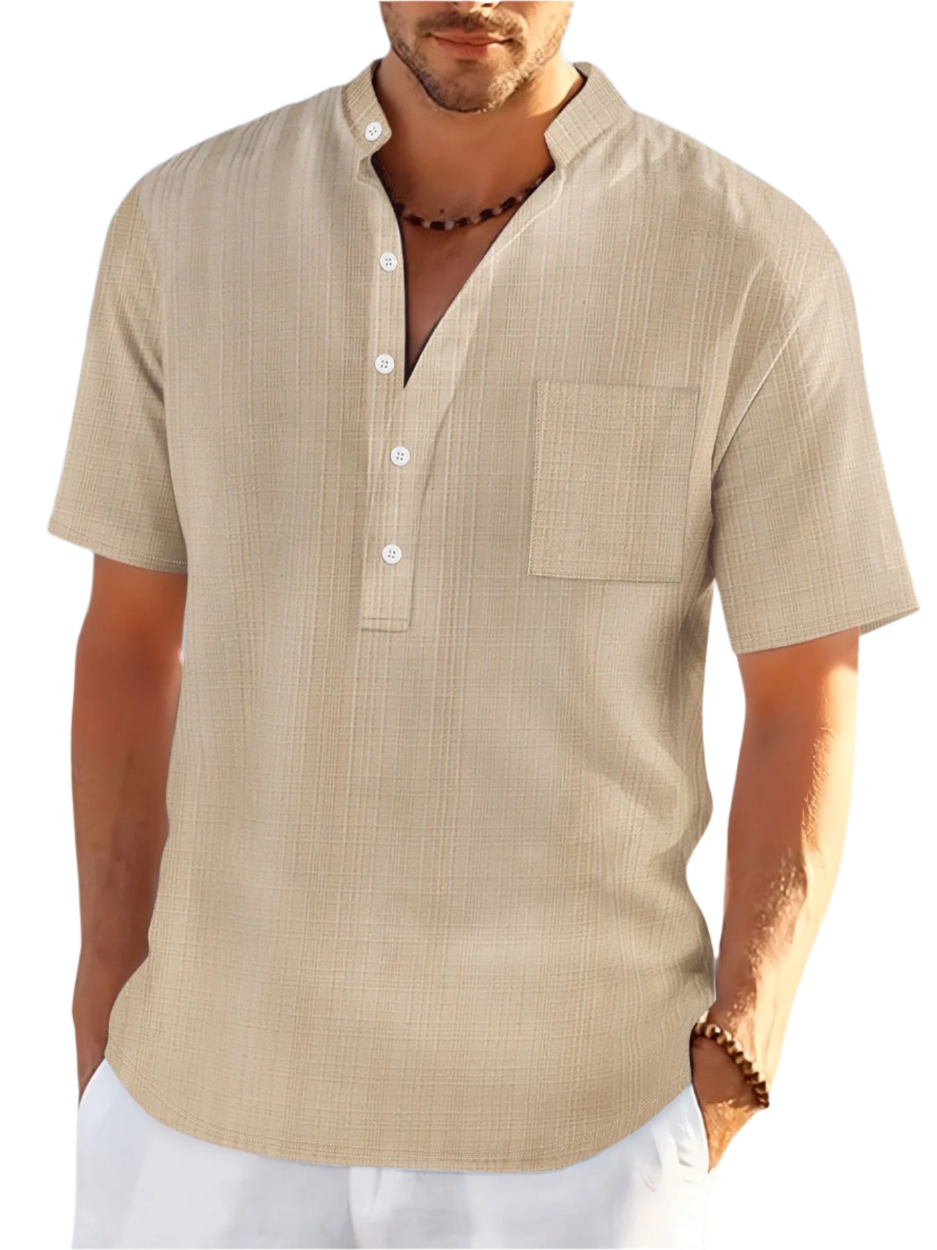Stand Collar Short Sleeve Loose Leisure Vacation Henley Shirt - Acquisti Online