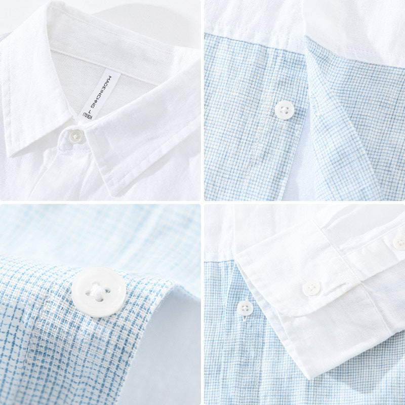 Men's Fashionable Casual Shirt Solid Color Cardigan Stitching Contrast Color Long Sleeves Fashion Men's Shirt