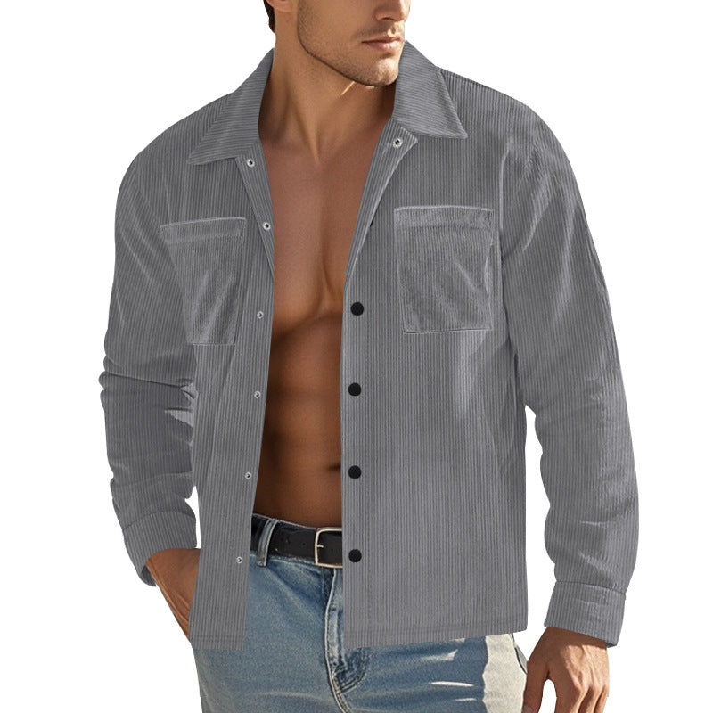 Men's Fashionable Shirt Long Sleeve Casual Multi Pocket Solid Color Corduroy Button up Slim Fit Men's Cardigan Shirt