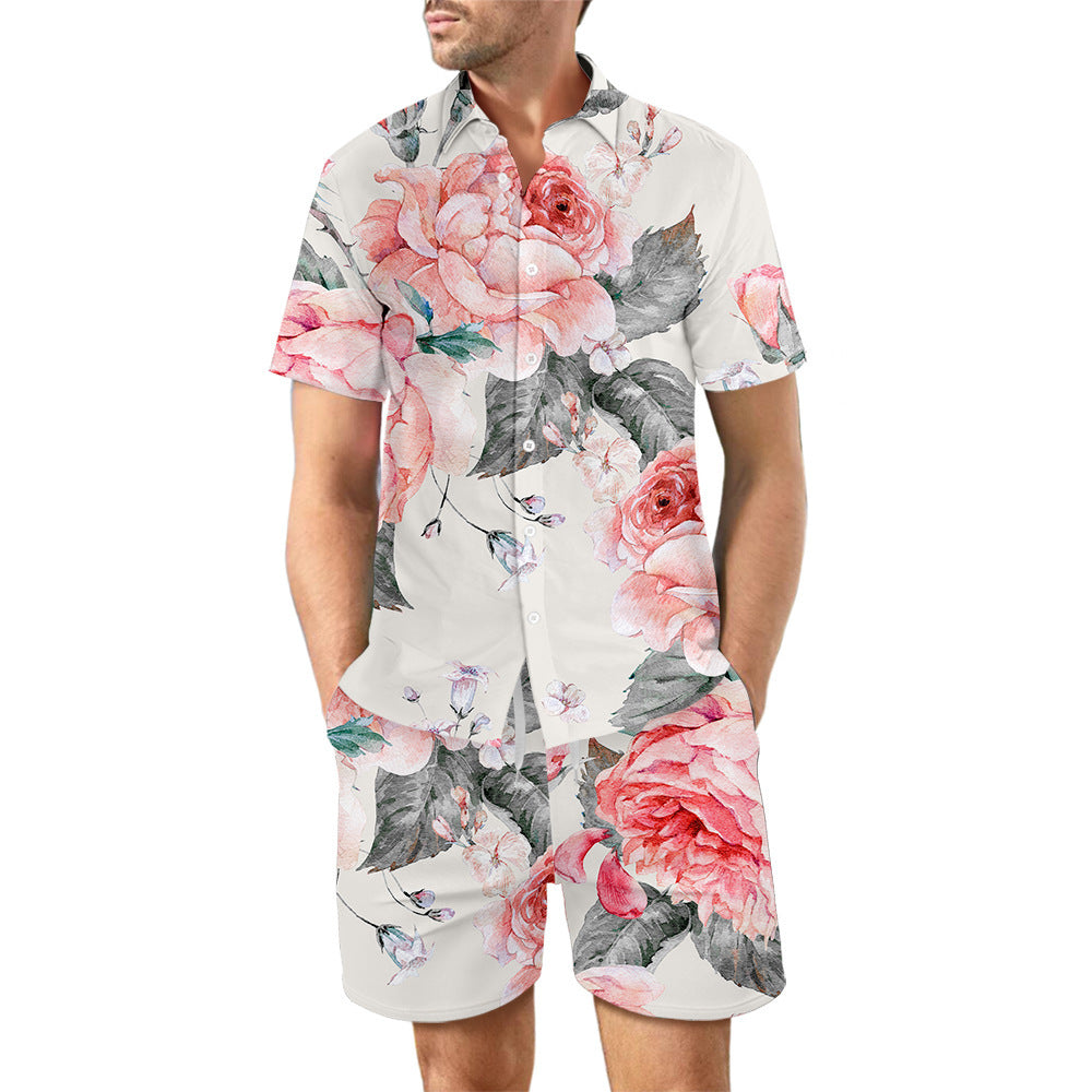 Men's Fashionable Casual Shirt 2Pcs Printed Suit Sets Loose Lapel Button Top Pure Cotton Men's Short Sleeve Shirt - Acquisti Online