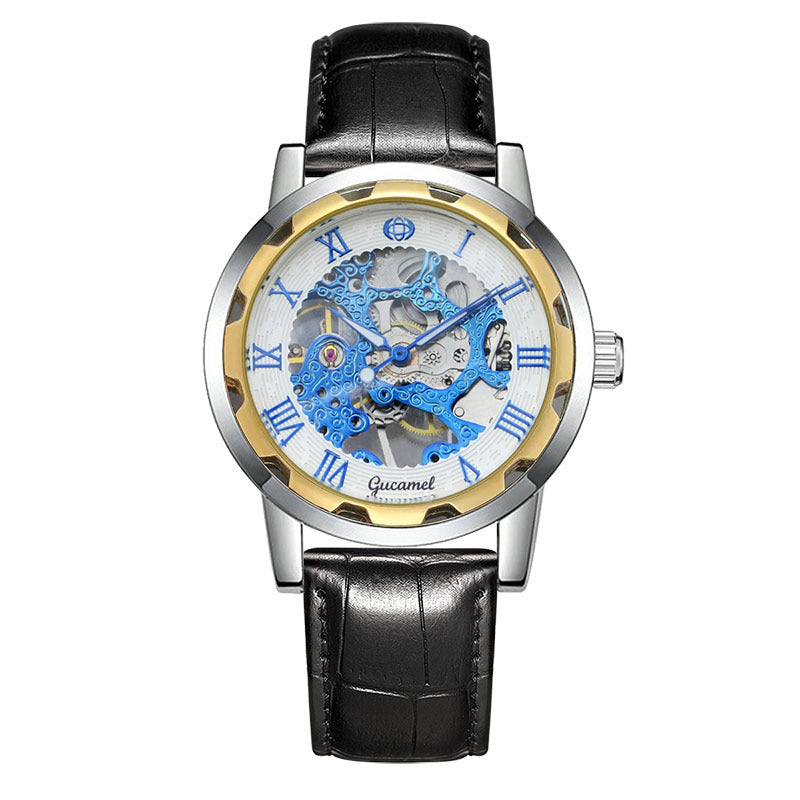 Men Mechanical Watch Top Brand Luxury Leather Gucamel Design Hand Winder Wrist Skeleton Watches - Acquisti Online